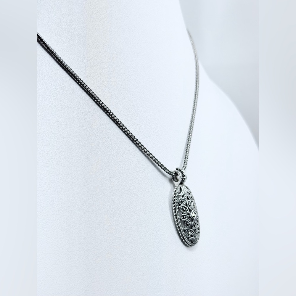 Vintage Sterling Silver Marcasite Pendant on 16” Sterling Foxtail Chain